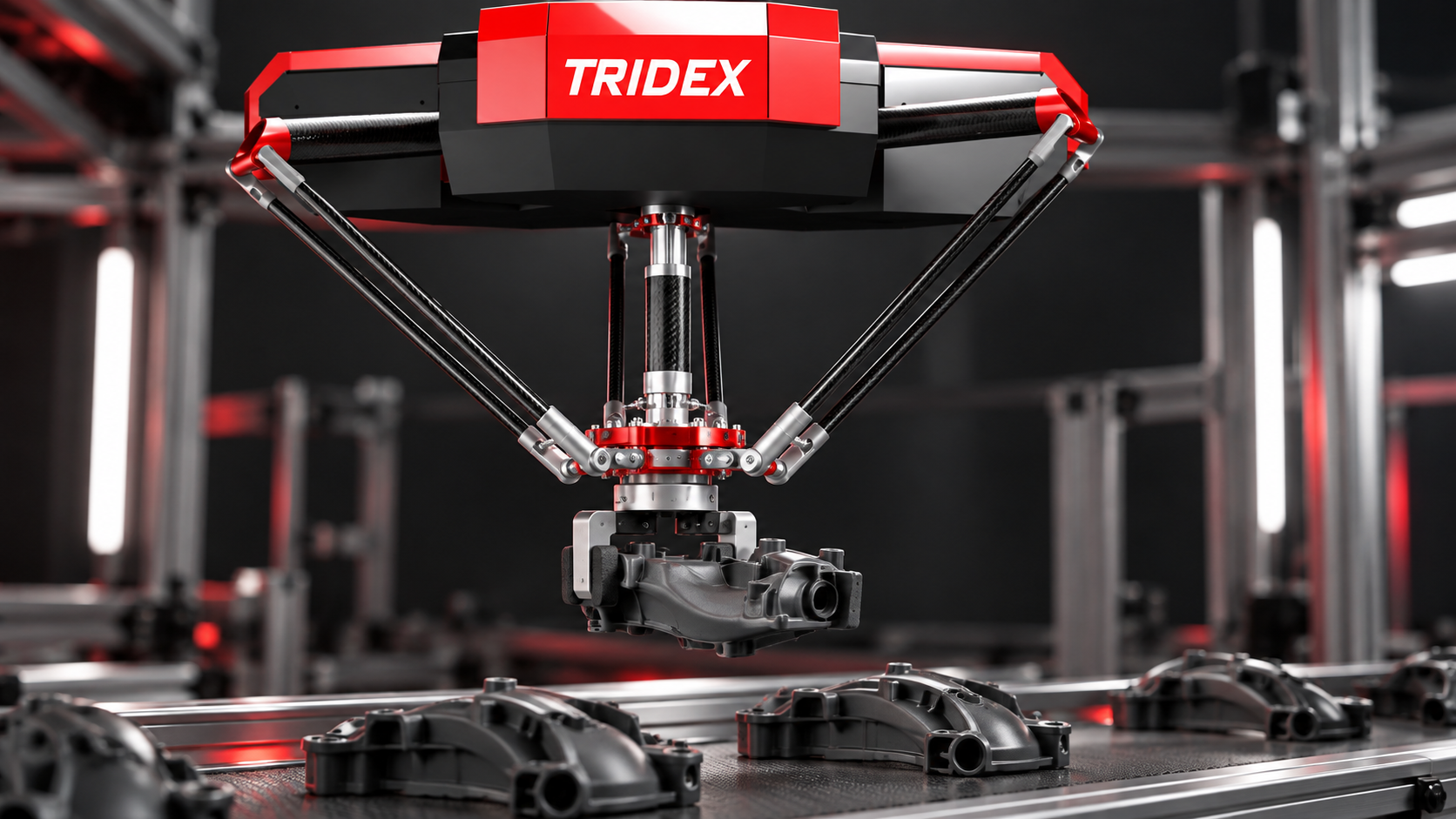 Şekilli plastik parçayı mekanik parmaklarla yanlardan kavrayan Tridex robotu